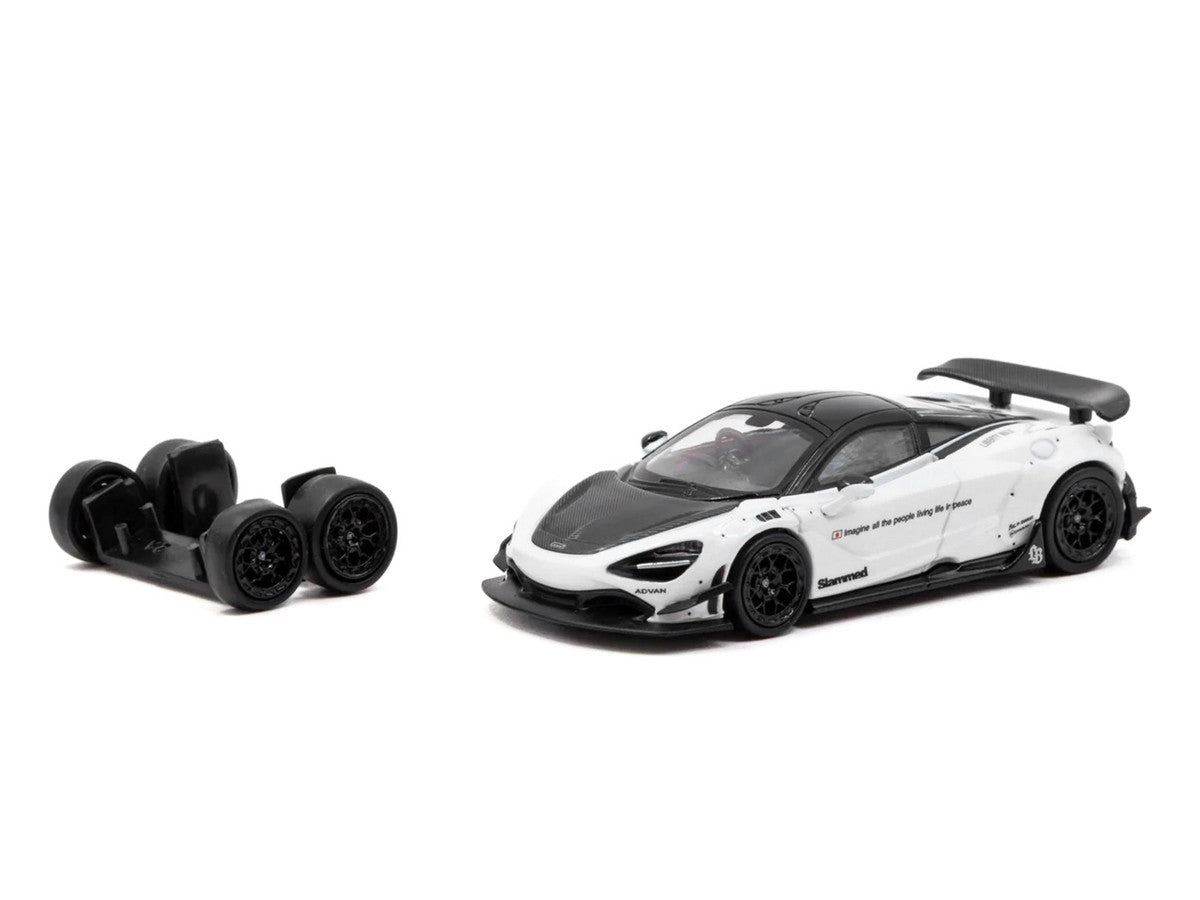 LB-Works 720S White with Carbon Hood and Black Top with Extra Wheels "Hobby64" Series 1/64 Diecast Model Car by Tarmac Works Tarmac Works