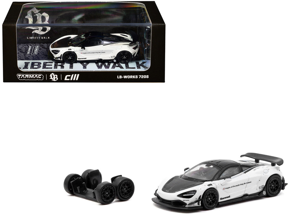 LB-Works 720S White with Carbon Hood and Black Top with Extra Wheels "Hobby64" Series 1/64 Diecast Model Car by Tarmac Works Tarmac Works