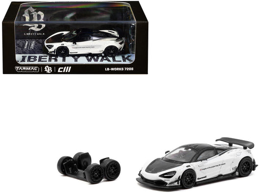 LB-Works 720S White with Carbon Hood and Black Top with Extra Wheels "Hobby64" Series 1/64 Diecast Model Car by Tarmac Works Tarmac Works