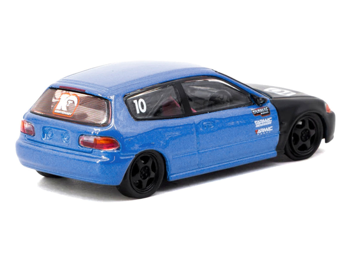 Honda Civic EG6 RHD (Right Hand Drive) #10 "Tarmac Works 10th Anniversary" Blue Metallic and Matt Black "Hobby64" Series 1/64 Diecast Model Car by Tarmac Works-2