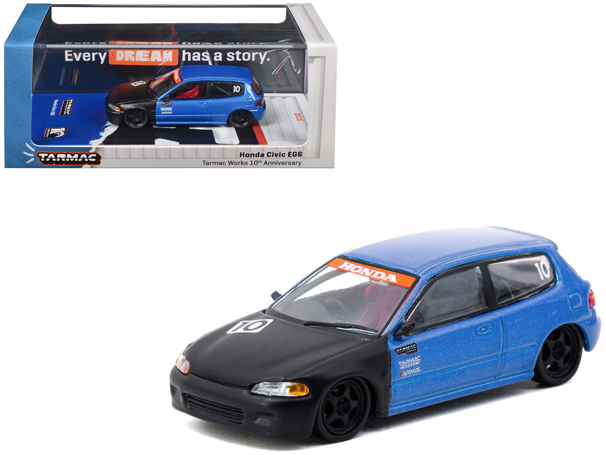 Honda Civic EG6 RHD (Right Hand Drive) #10 "Tarmac Works 10th Anniversary" Blue Metallic and Matt Black "Hobby64" Series 1/64 Diecast Model Car by Tarmac Works-0