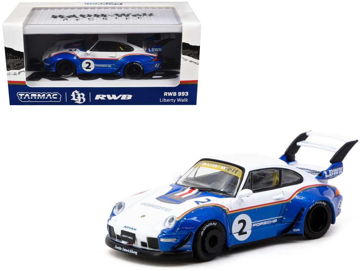 RWB 993 #2 "Liberty Walk" White and Blue Metallic with Container Packaging "Hobby64" Series 1/64 Diecast Model Car by Tarmac Works-0