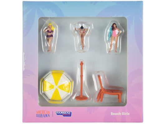 "Beach Girls" 5 piece Diecast Figure Set (3 Female Figures and 2 Beach Accessories) for 1/64 Scale Models by Tarmac Works & American Diorama Tarmac Works
