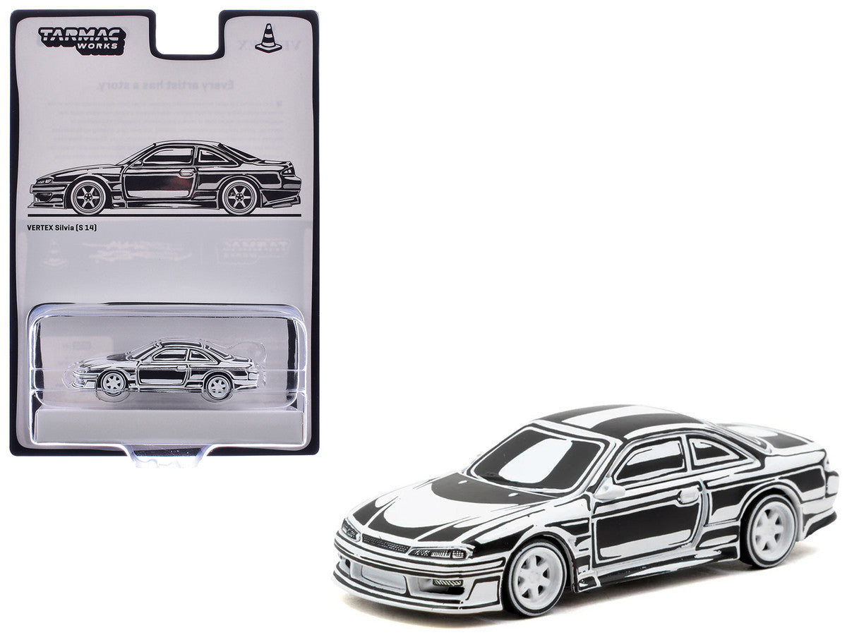 VERTEX Silvia (S14) "Designed by Joshua Vides" Black and White "Global64" Series 1/64 Diecast Model Car by Tarmac Works Tarmac Works