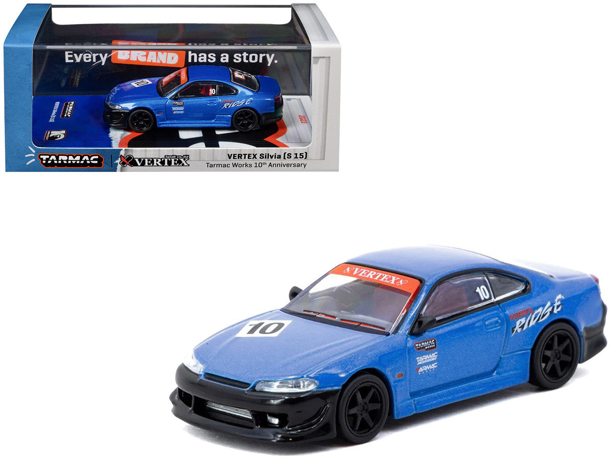 Nissan Vertex Silvia (S15) RHD (Right Hand Drive) #10 "Tarmac Works 10th Anniversary" Blue Metallic "Global64" 1/64 Diecast Model Car by Tarmac Works Tarmac Works