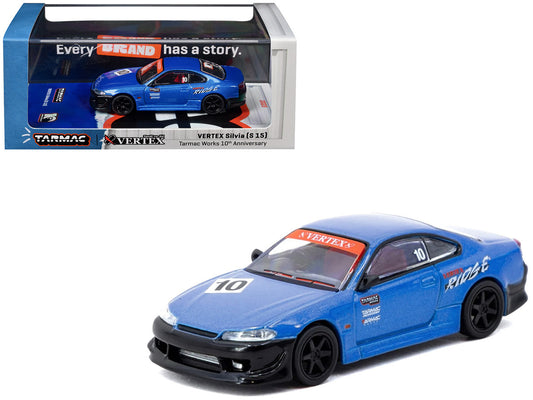 Nissan Vertex Silvia (S15) RHD (Right Hand Drive) #10 "Tarmac Works 10th Anniversary" Blue Metallic "Global64" 1/64 Diecast Model Car by Tarmac Works-0