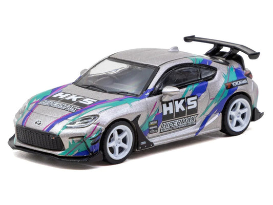Toyota GR86 RHD (Right Hand Drive) "HKS" Gray Metallic with Graphics and Metal Oil Can Packaging "Global64" Series 1/64 Diecast Model Car by Tarmac Works Tarmac Works