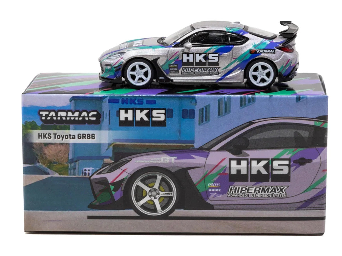 Toyota GR86 RHD (Right Hand Drive) "HKS" Gray Metallic with Graphics and Metal Oil Can Packaging "Global64" Series 1/64 Diecast Model Car by Tarmac Works Tarmac Works