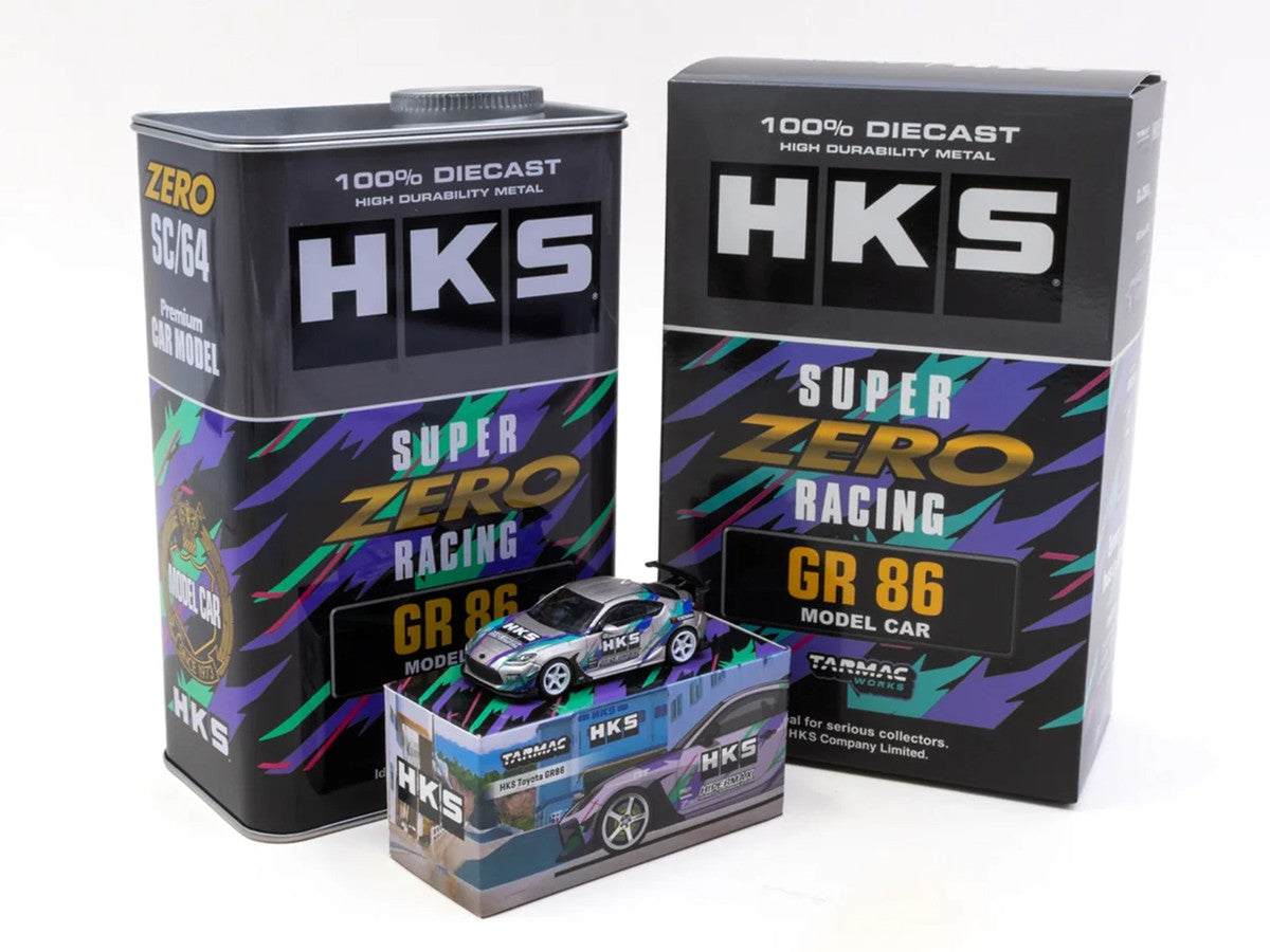 Toyota GR86 RHD (Right Hand Drive) "HKS" Gray Metallic with Graphics and Metal Oil Can Packaging "Global64" Series 1/64 Diecast Model Car by Tarmac Works Tarmac Works