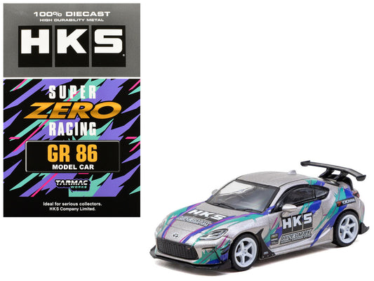 Toyota GR86 RHD (Right Hand Drive) "HKS" Gray Metallic with Graphics and Metal Oil Can Packaging "Global64" Series 1/64 Diecast Model Car by Tarmac Works Tarmac Works