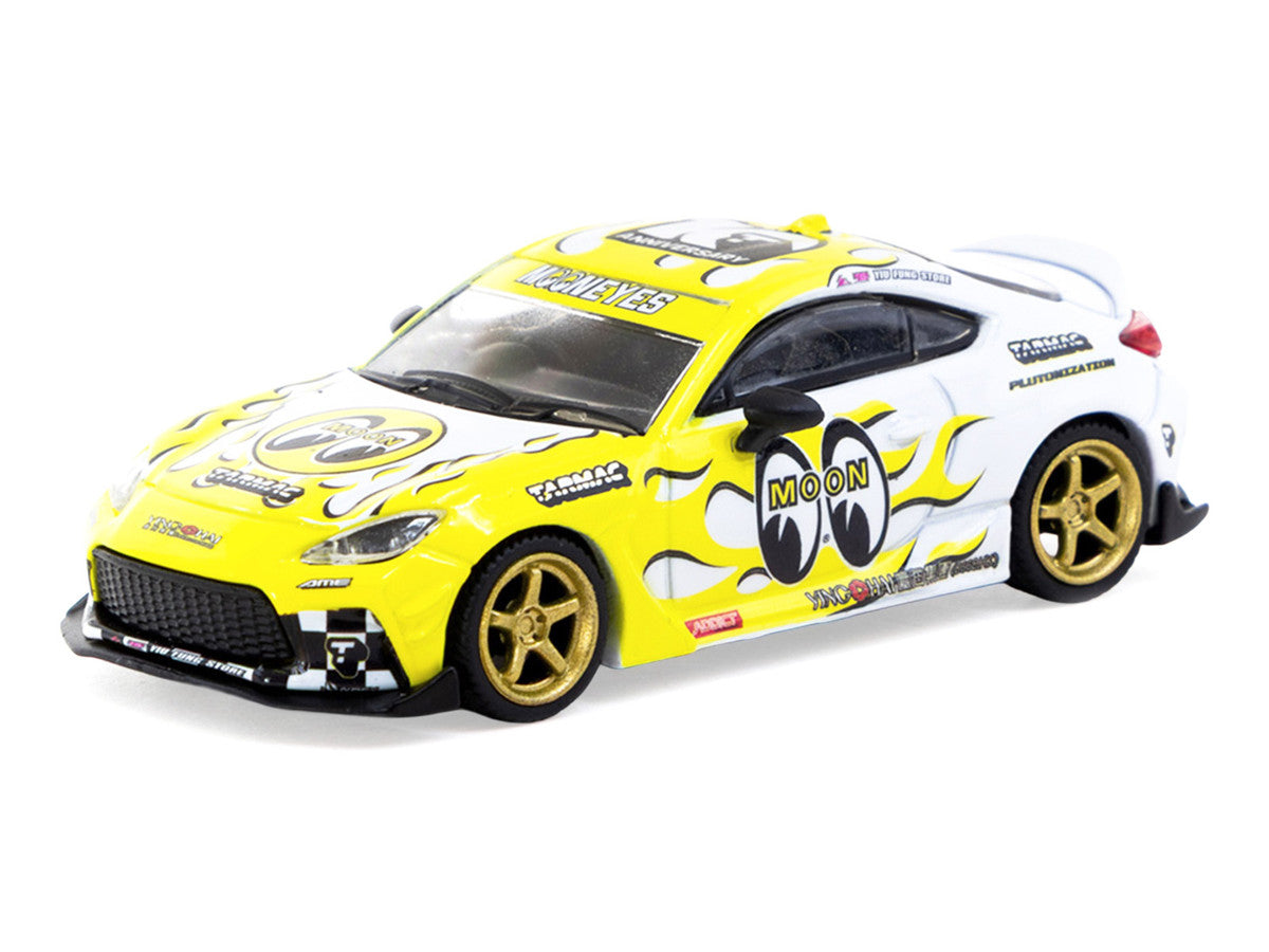 Toyota GR86 RHD (Right Hand Drive) "MoonEyes" White with Yellow Flames and Graphics "Global64" Series 1/64 Diecast Model by Tarmac Works Tarmac Works