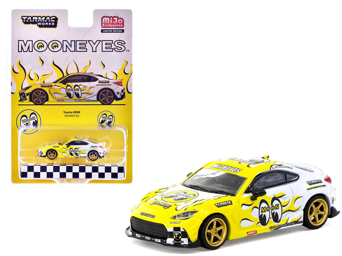 Toyota GR86 RHD (Right Hand Drive) "MoonEyes" White with Yellow Flames and Graphics "Global64" Series 1/64 Diecast Model by Tarmac Works Tarmac Works