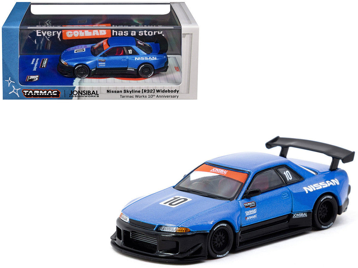 Nissan Skyline (R32) Widebody RHD (Right Hand Drive) #10 "Tarmac Works 10th Anniversary" Blue Metallic "Global64" 1/64 Diecast Model Car by Tarmac Works-0
