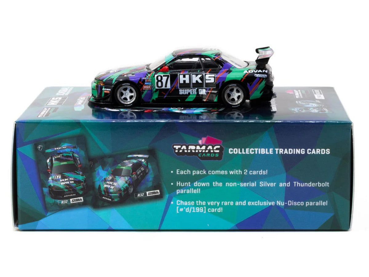 Nissan Skyline (R32) Widebody RHD (Right Hand Drive) #87 "HKS - Designed by Jon Sibal" Black with Graphics with Tarmac Cards "Global64" Series 1/64 Diecast Model Car by Tarmac Works Tarmac Works