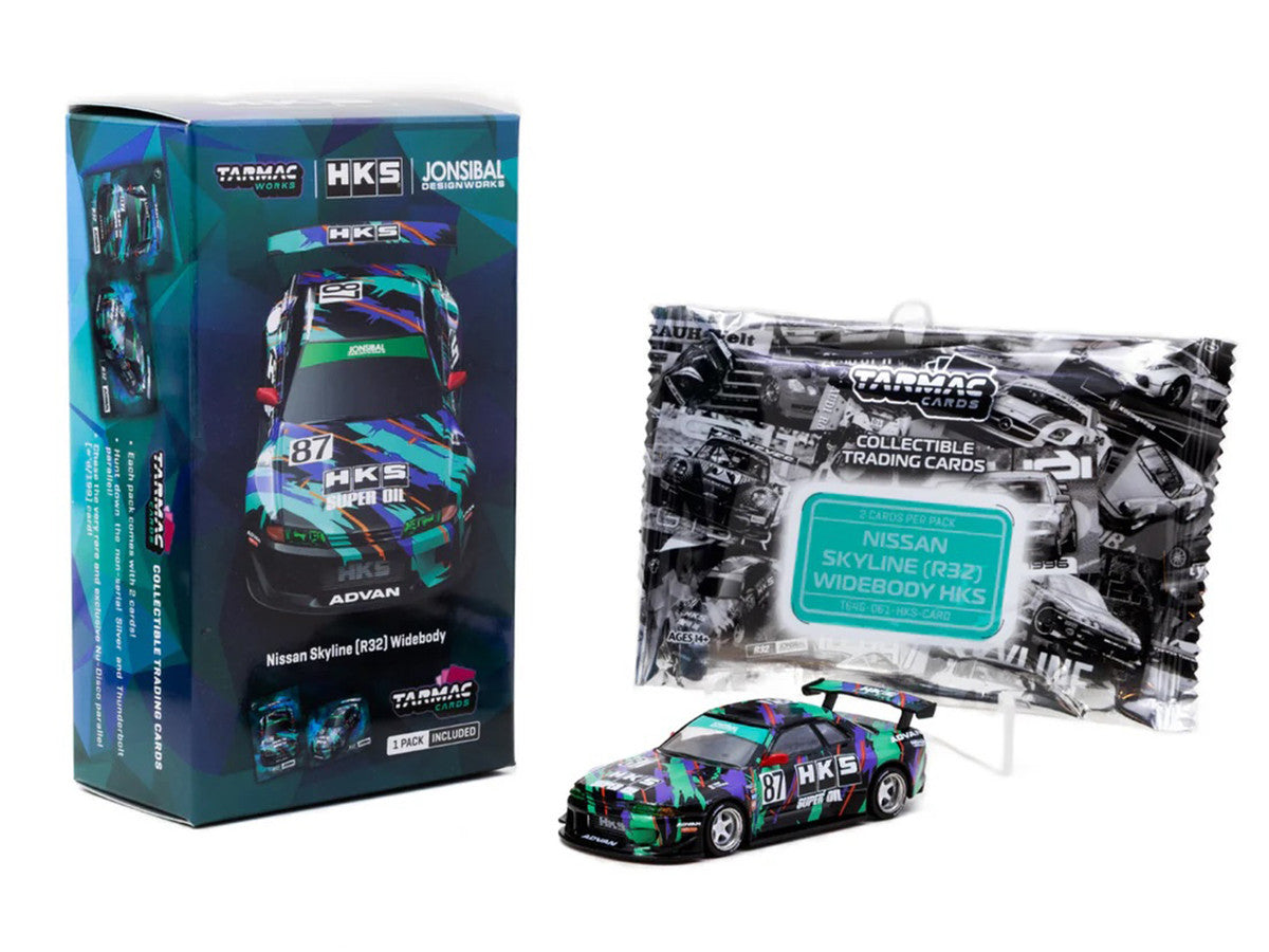 Nissan Skyline (R32) Widebody RHD (Right Hand Drive) #87 "HKS - Designed by Jon Sibal" Black with Graphics with Tarmac Cards "Global64" Series 1/64 Diecast Model Car by Tarmac Works Tarmac Works