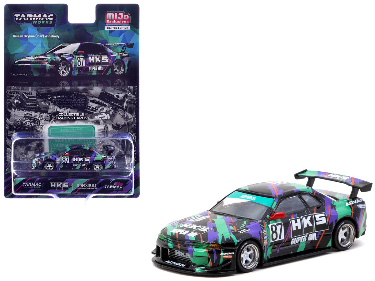 Nissan Skyline (R32) Widebody RHD (Right Hand Drive) #87 "HKS - Designed by Jon Sibal" Black with Graphics with Tarmac Cards "Global64" Series 1/64 Diecast Model Car by Tarmac Works Tarmac Works