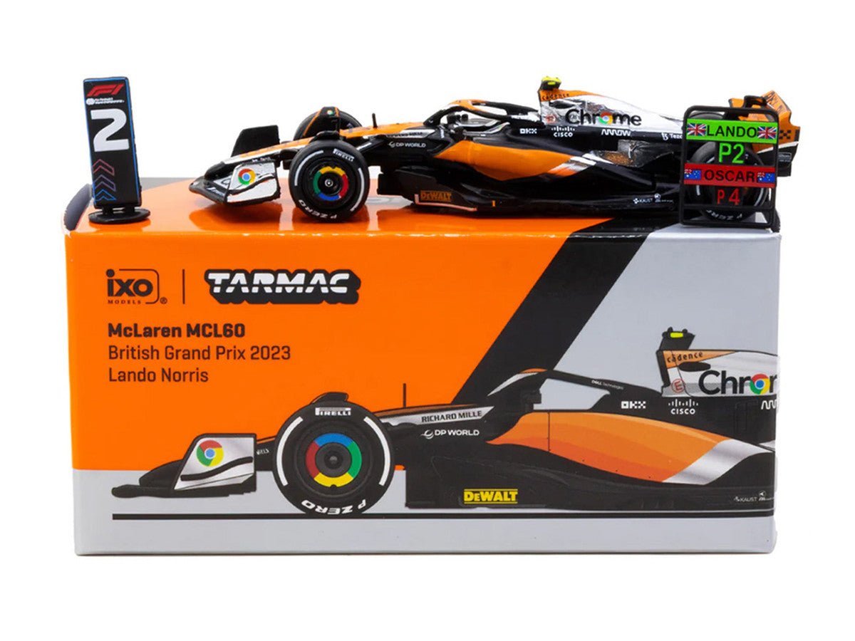 McLaren MCL60 #4 Lando Norris 2nd Place Formula One F1 "British GP" (2023) with Pitboards "Global64" Series 1/64 Diecast Model Car by Tarmac Works-3