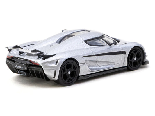 Koenigsegg Regera Silver Metallic with Blue Accents and Collectible Tarmac Cards "Global64" Series 1/64 Diecast Model Car by Tarmac Works-1