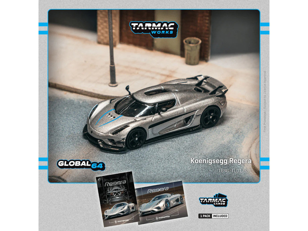 Koenigsegg Regera Silver Metallic with Blue Accents and Collectible Tarmac Cards "Global64" Series 1/64 Diecast Model Car by Tarmac Works-3