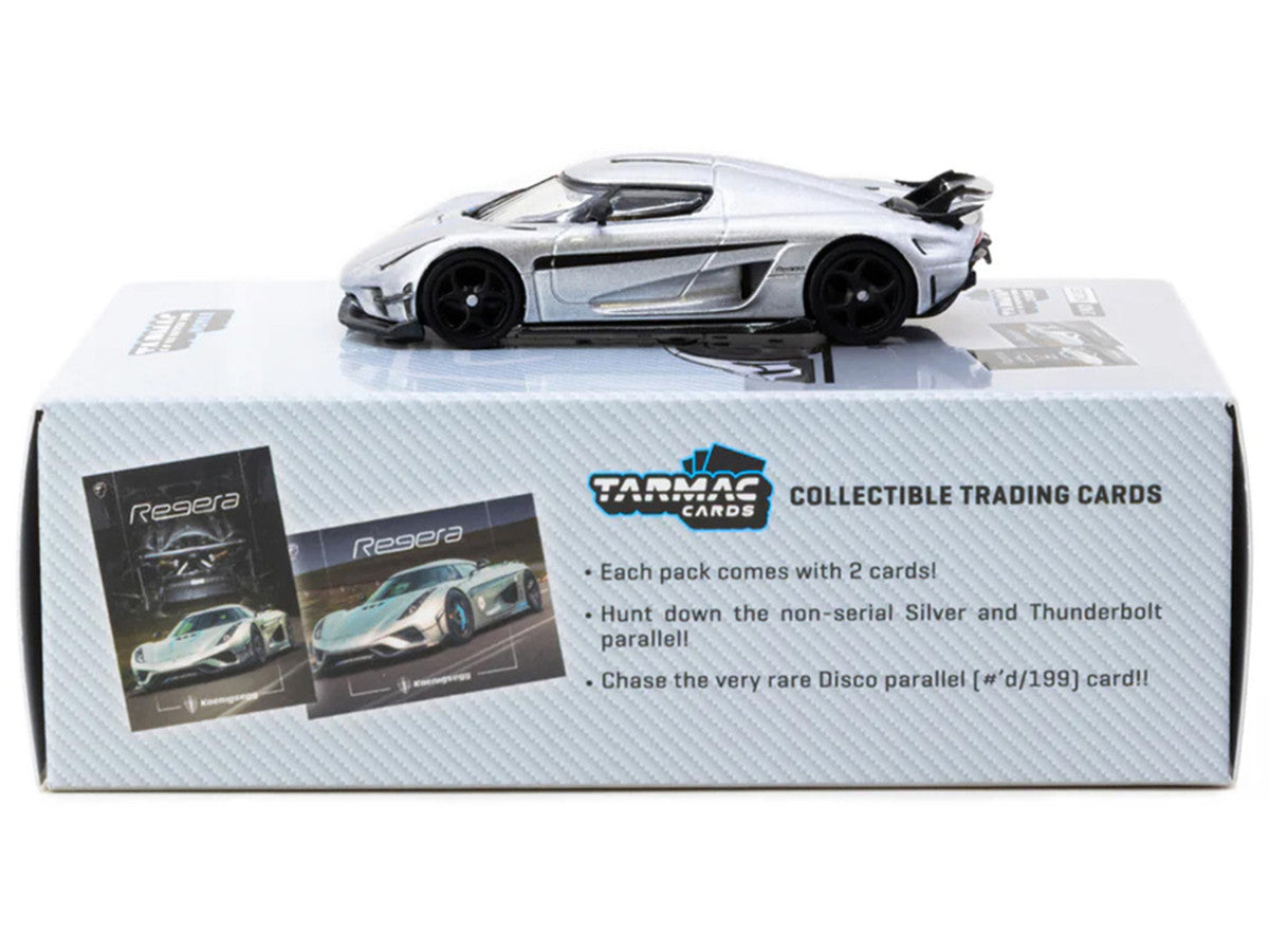 Koenigsegg Regera Silver Metallic with Blue Accents and Collectible Tarmac Cards "Global64" Series 1/64 Diecast Model Car by Tarmac Works-2