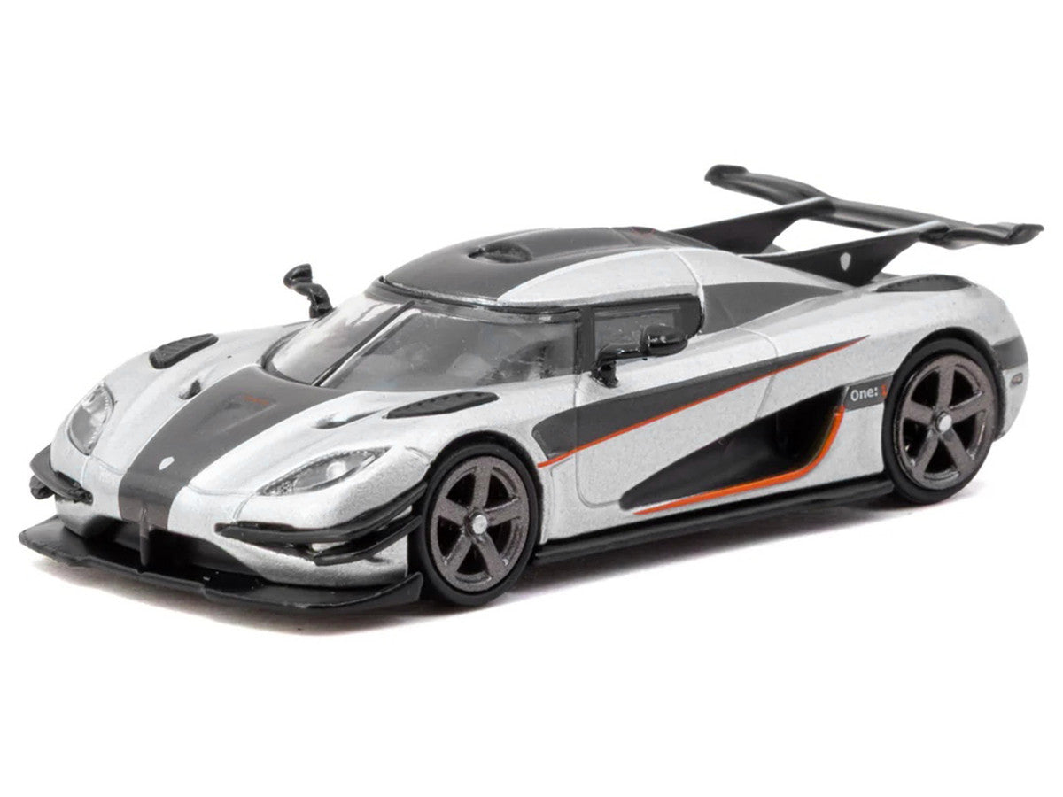 Koenigsegg One:1 Silver Metallic with Black Stripes "Global64" Series 1/64 Diecast Model Car by Tarmac Works Tarmac Works