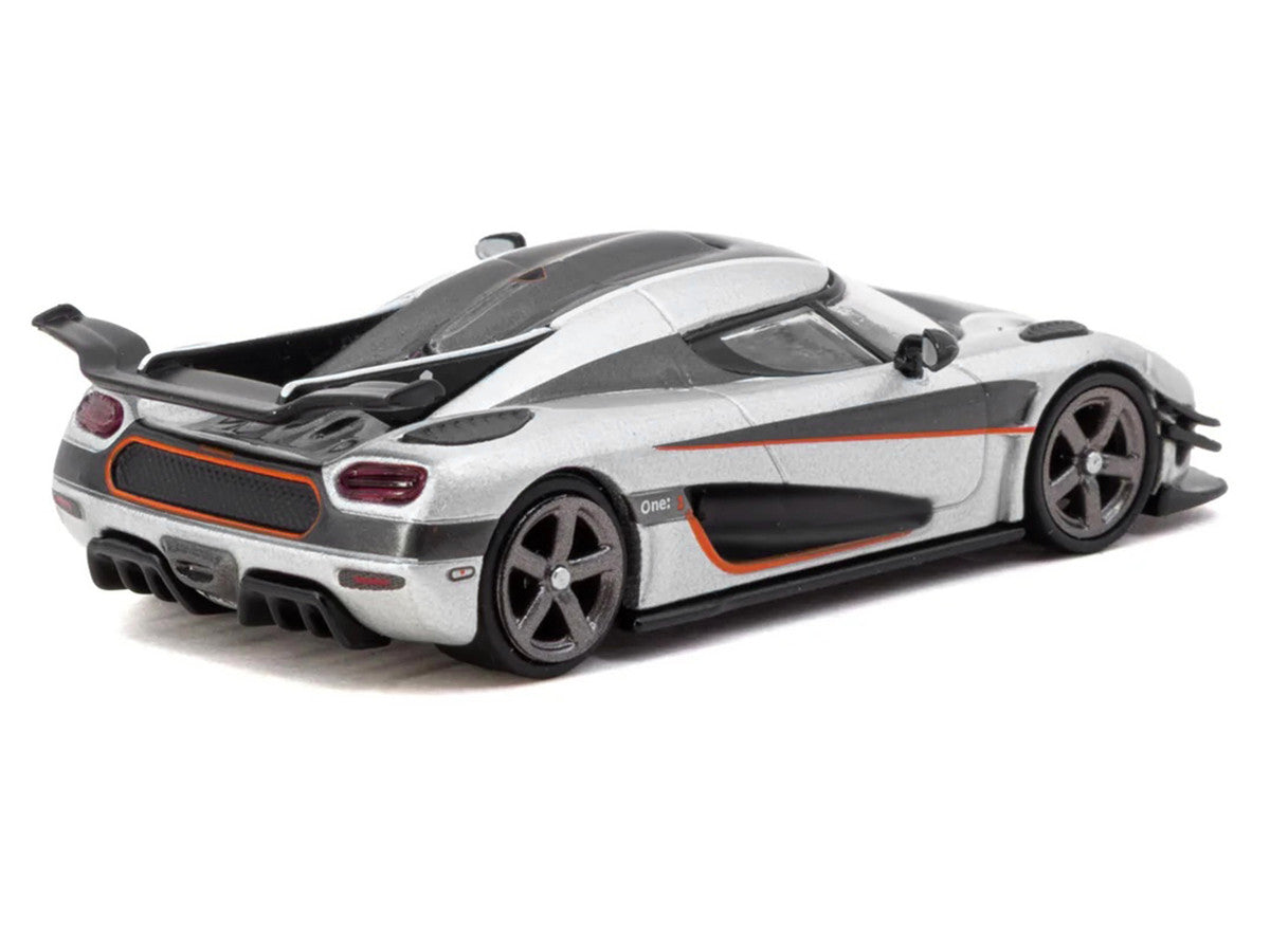 Koenigsegg One:1 Silver Metallic with Black Stripes "Global64" Series 1/64 Diecast Model Car by Tarmac Works Tarmac Works