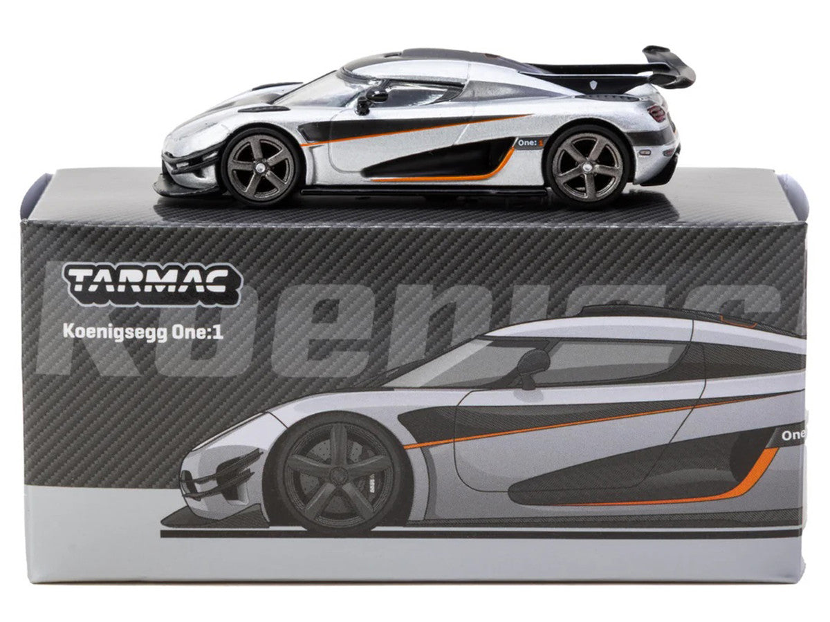 Koenigsegg One:1 Silver Metallic with Black Stripes "Global64" Series 1/64 Diecast Model Car by Tarmac Works Tarmac Works