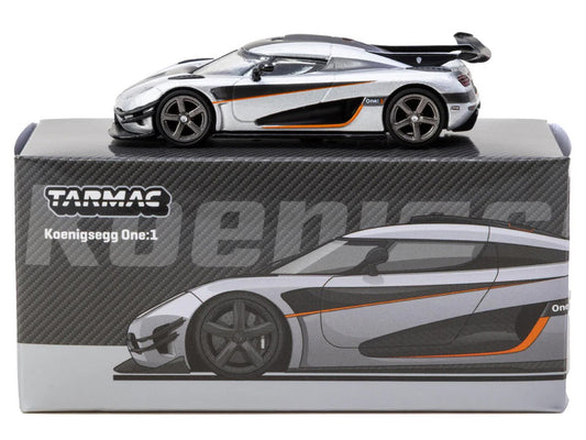 Koenigsegg One:1 Silver Metallic with Black Stripes "Global64" Series 1/64 Diecast Model Car by Tarmac Works Tarmac Works