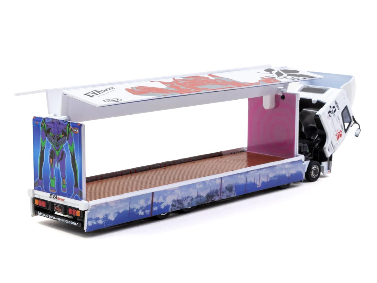 Mitsubishi Fuso Super Great Truck with Transporter "EVA Racing" White with Graphics "Truck64" Series 1/64 Diecast Model Car by Tarmac Works Tarmac Works