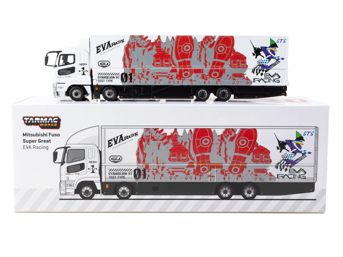 Mitsubishi Fuso Super Great Truck with Transporter "EVA Racing" White with Graphics "Truck64" Series 1/64 Diecast Model Car by Tarmac Works Tarmac Works