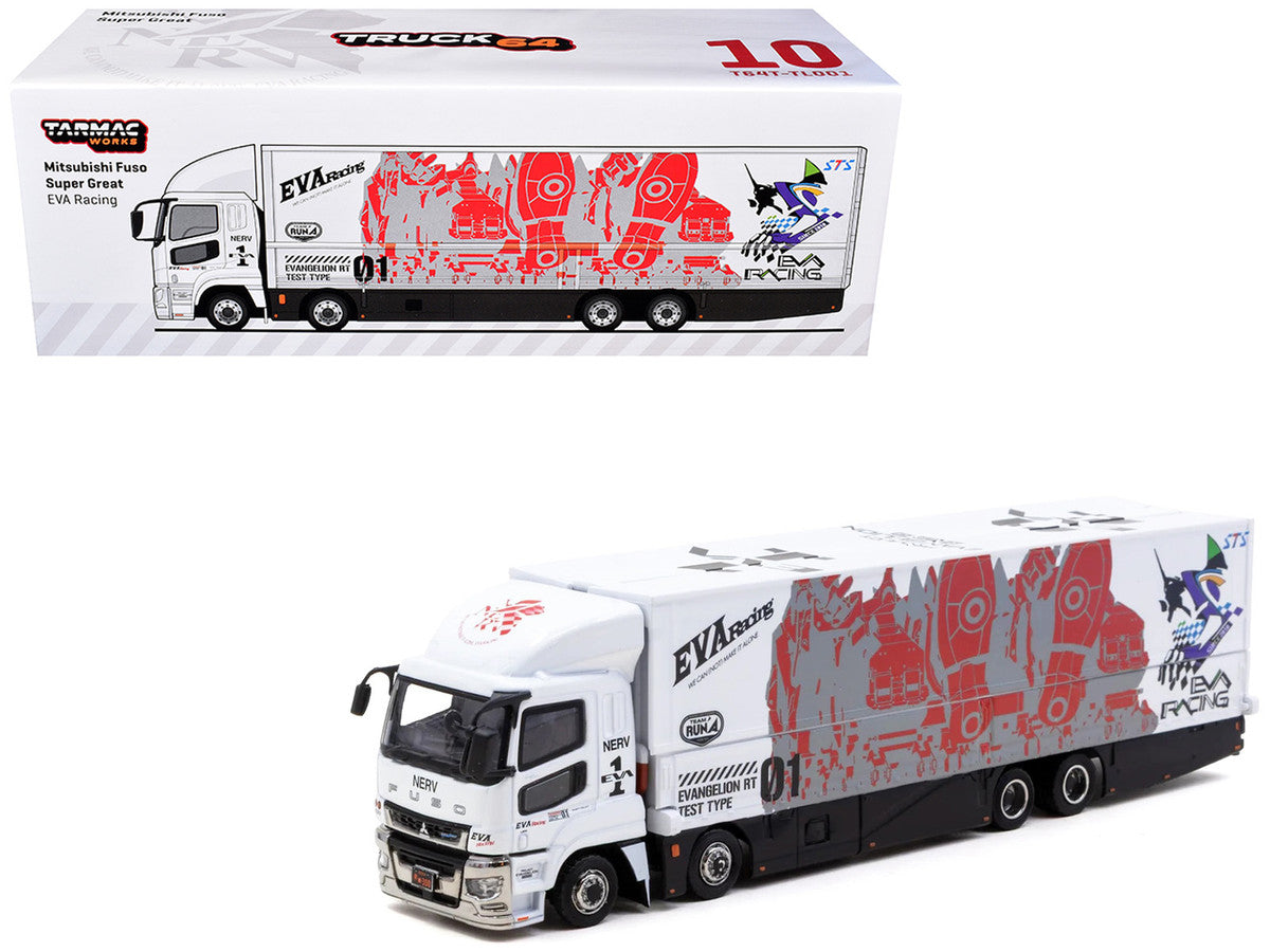Mitsubishi Fuso Super Great Truck with Transporter "EVA Racing" White with Graphics "Truck64" Series 1/64 Diecast Model Car by Tarmac Works Tarmac Works