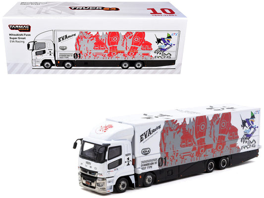 Mitsubishi Fuso Super Great Truck with Transporter "EVA Racing" White with Graphics "Truck64" Series 1/64 Diecast Model Car by Tarmac Works Tarmac Works