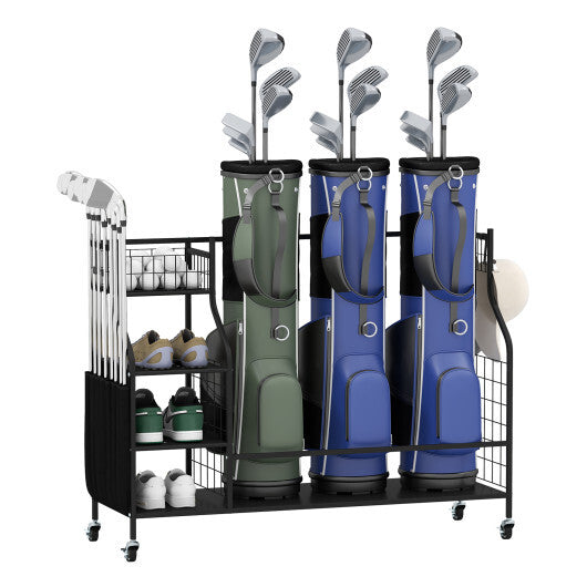 Golf Bag Organizer 3 Golf Bag Stand with Lockable Wheels and Hooks-Black W2B