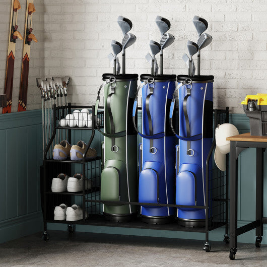 Golf Bag Organizer 3 Golf Bag Stand with Lockable Wheels and Hooks-Black W2B