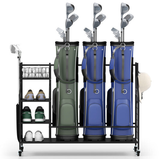 Golf Bag Organizer 3 Golf Bag Stand with Lockable Wheels and Hooks-Black W2B