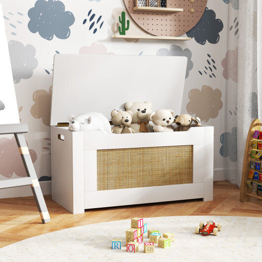 Kids Rattan Toy Storage Box with Flip Top Lid and Safety Hinge Handles-White W2B