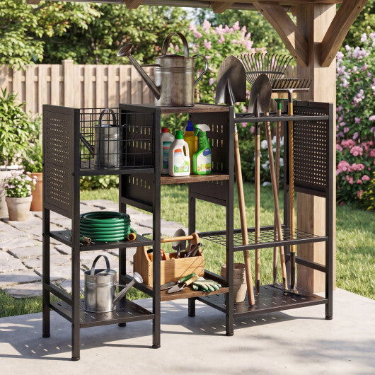 Garden Tool Organizer with Wooden Shelves for Garage and Shed-Black W2B