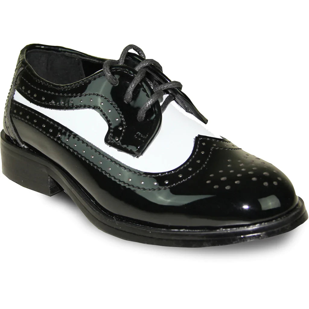 VANGELO Boy Dress Shoe TAB-3KID Oxford Formal Tuxedo for Prom & Wedding Black/White Patent Two Tone Tux-USA