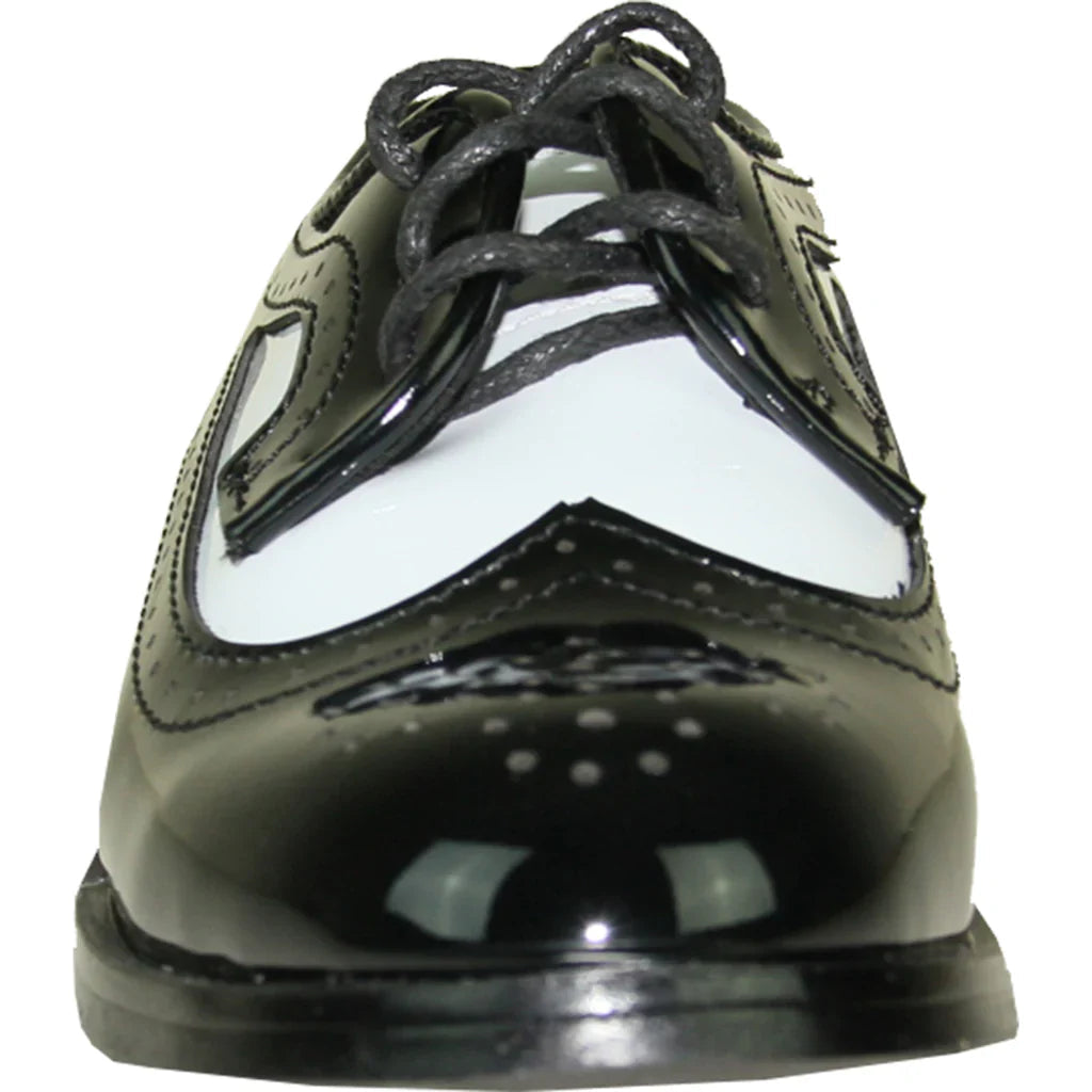 VANGELO Boy Dress Shoe TAB-3KID Oxford Formal Tuxedo for Prom & Wedding Black/White Patent Two Tone Tux-USA