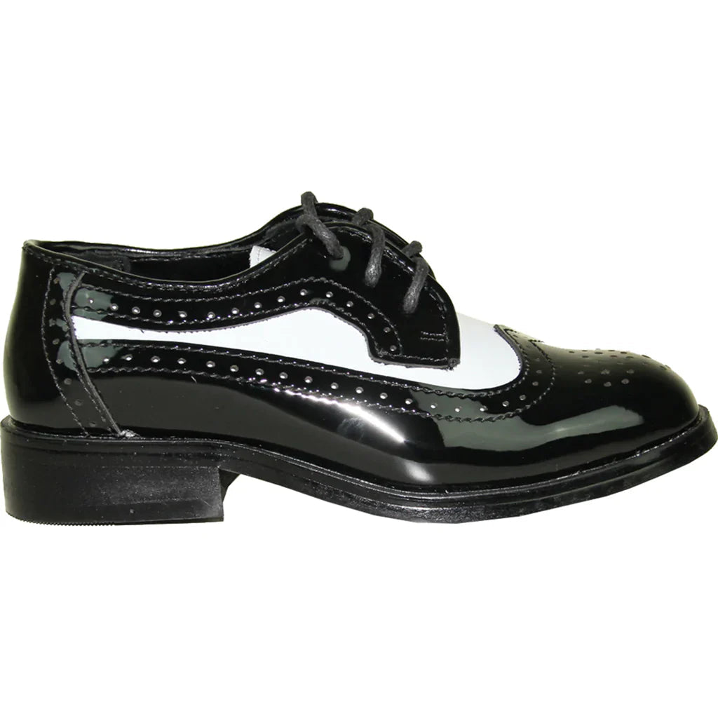 VANGELO Boy Dress Shoe TAB-3KID Oxford Formal Tuxedo for Prom & Wedding Black/White Patent Two Tone Tux-USA