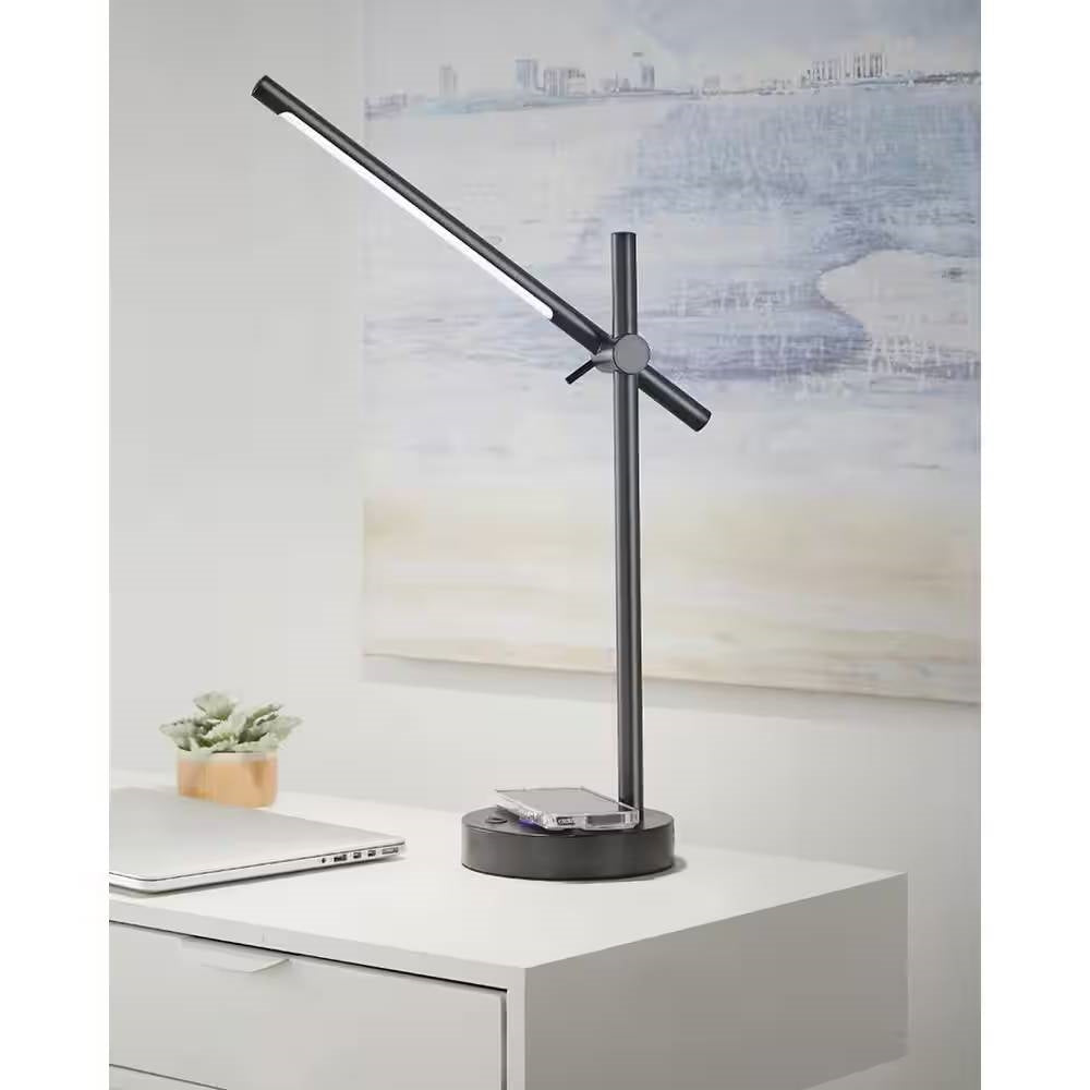 Modern LED Desk Light Table Lamp with Wireless Cell Charging Pad in Black FastFurnishings