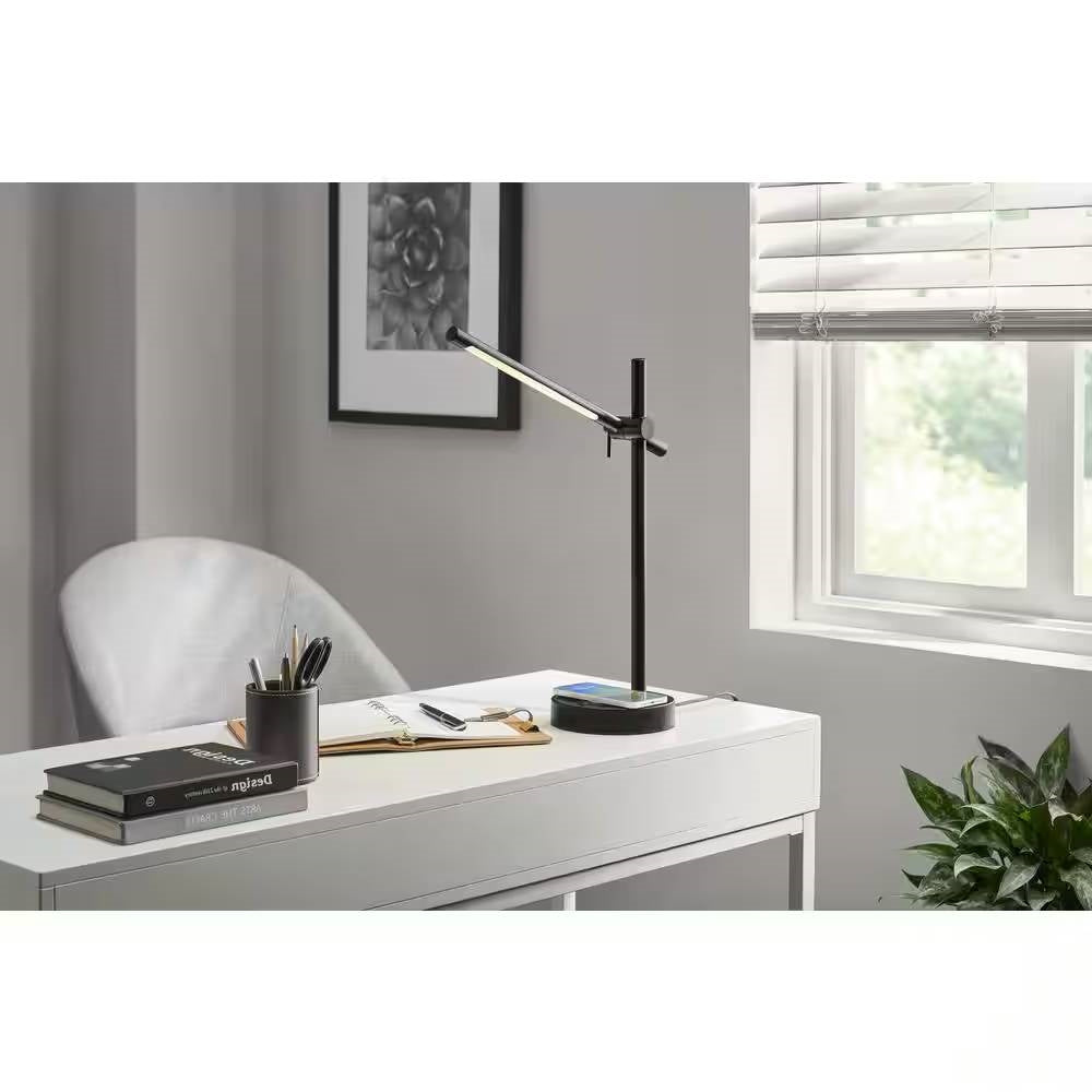 Modern LED Desk Light Table Lamp with Wireless Cell Charging Pad in Black FastFurnishings