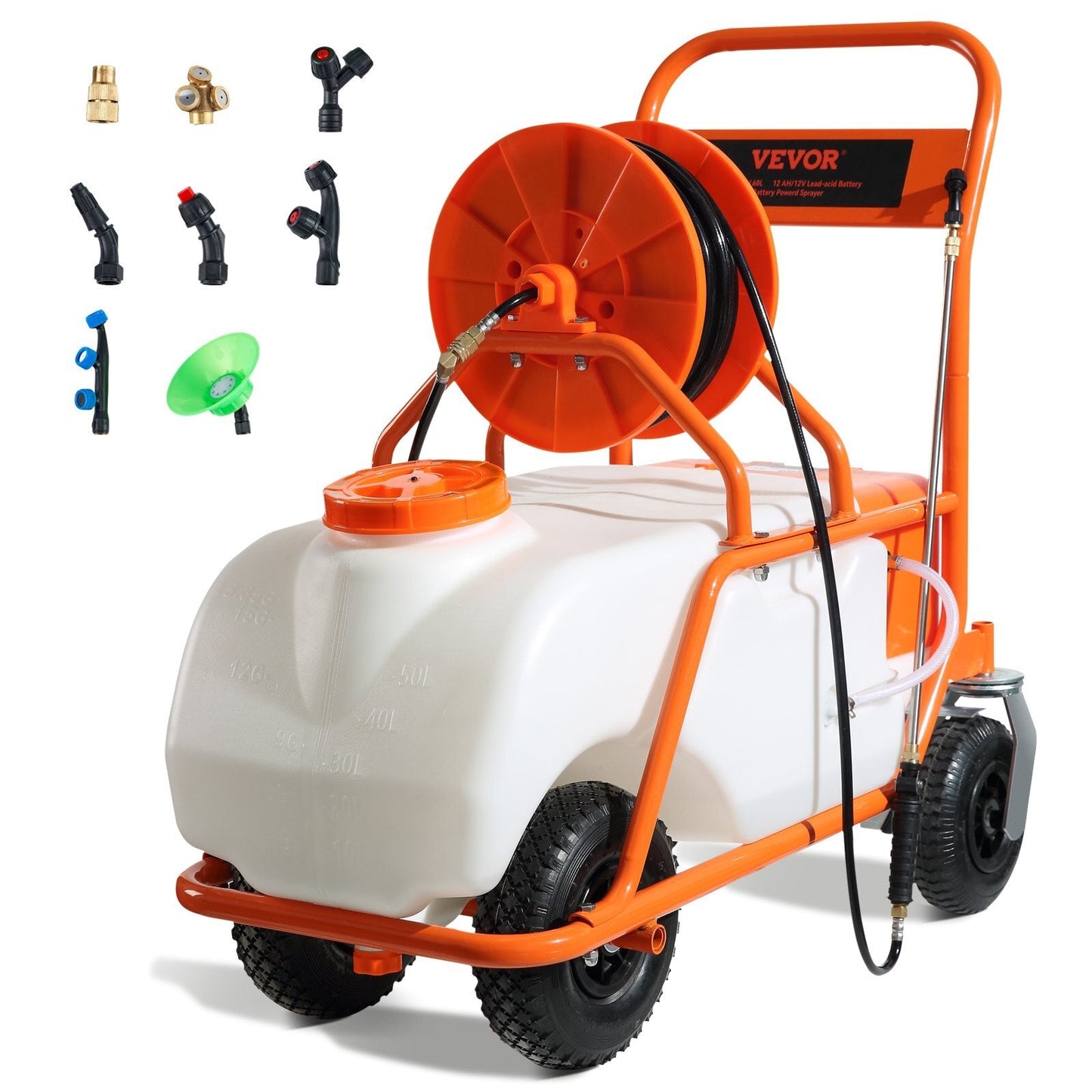 Battery Powered Lawn Sprayer on Wheel, 0-90 PSI Adjustable Pressure, 15 Gallon Tank, Cart Sprayer with 8 Nozzles and 2 Wands, 12V 12Ah Battery, Wide Mouth Lid for Weeding, Spraying W2B