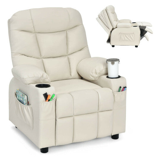 PU Leather Kids Recliner Chair with Cup Holder and Footrest Beige