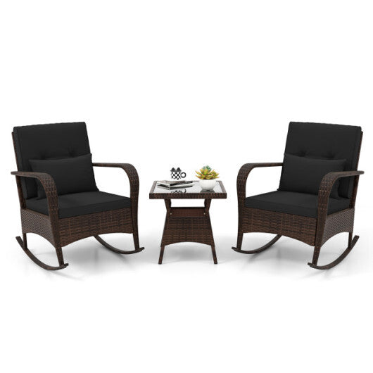 3 Pieces Outdoor Rocking Chair Set with Tempered Glass Coffee Table Black
