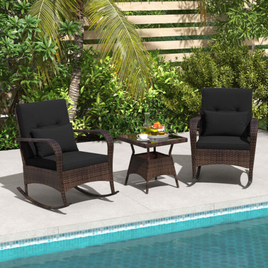 3 Pieces Outdoor Rocking Chair Set with Tempered Glass Coffee Table Black