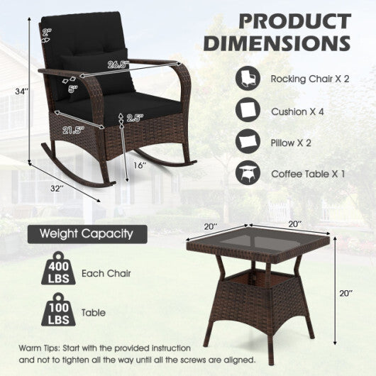 3 Pieces Outdoor Rocking Chair Set with Tempered Glass Coffee Table Black