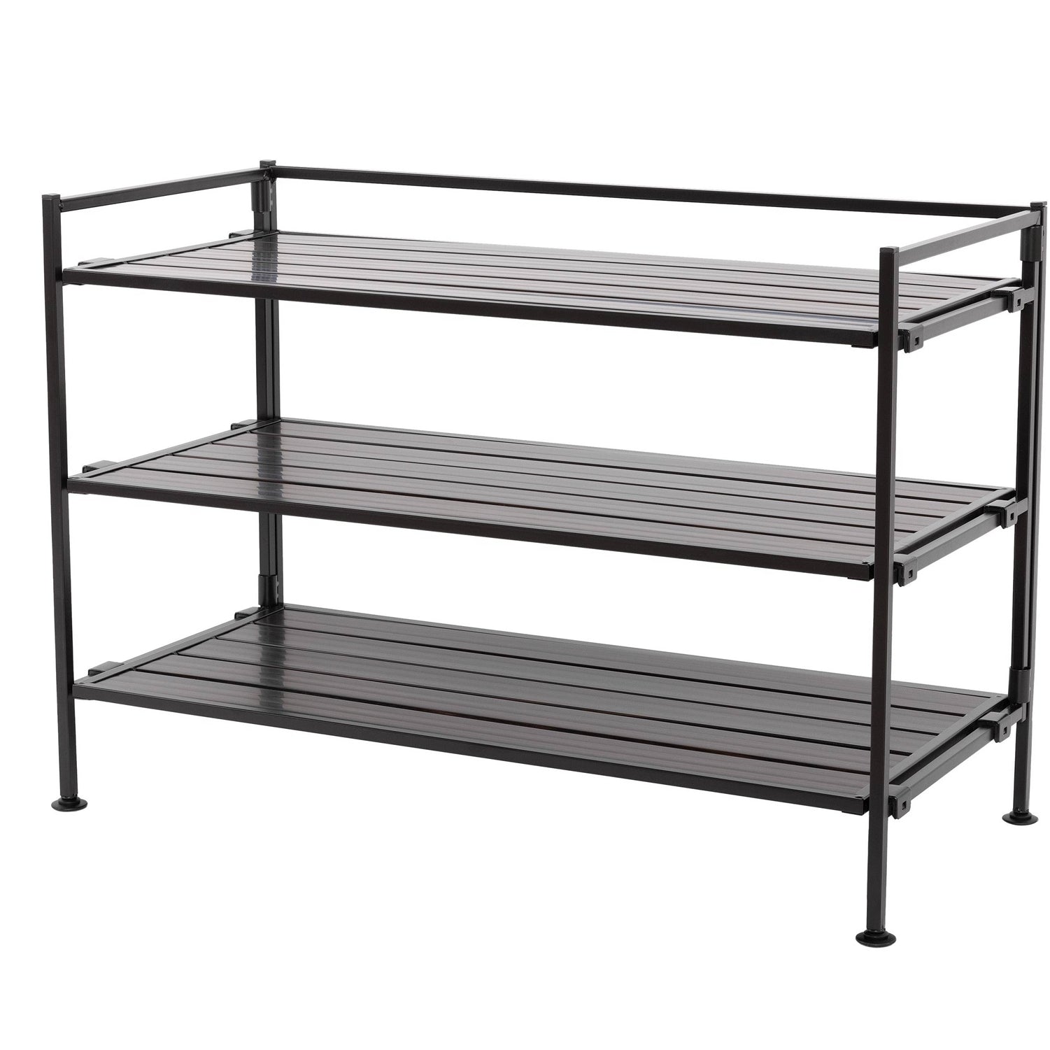 3-Tier Metal Espresso Brown Woodgrain Resin Foldable Stackable Shoe Rack FastFurnishings