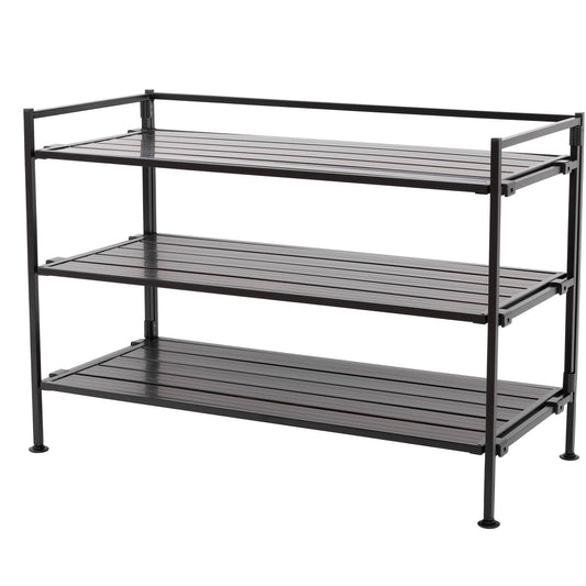 3-Tier Metal Espresso Brown Woodgrain Resin Foldable Stackable Shoe Rack FastFurnishings