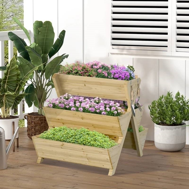 3-Tier Outdoor Fir Wood Elevated Planter Herb Flower Box Raised Garden Bed
